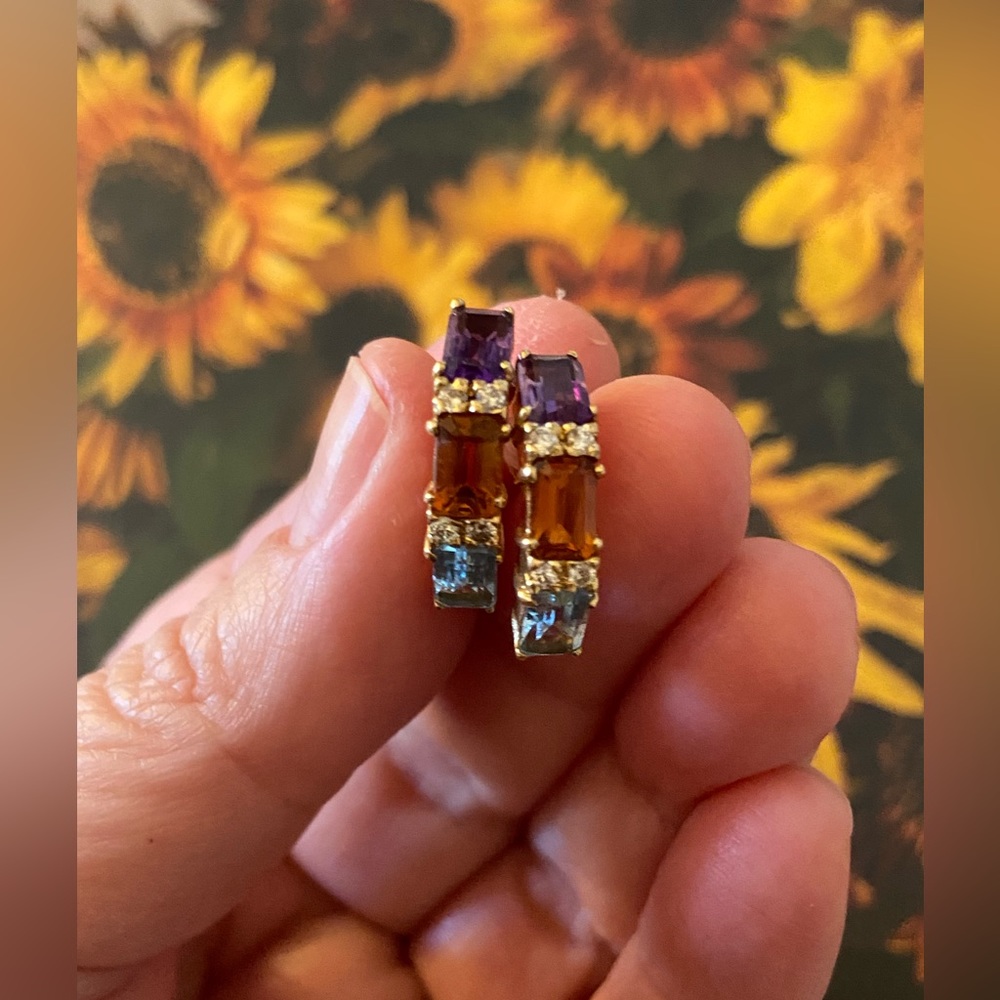 14k Multi Gemstone/Diamonds Earrings - Amethyst, … - image 5